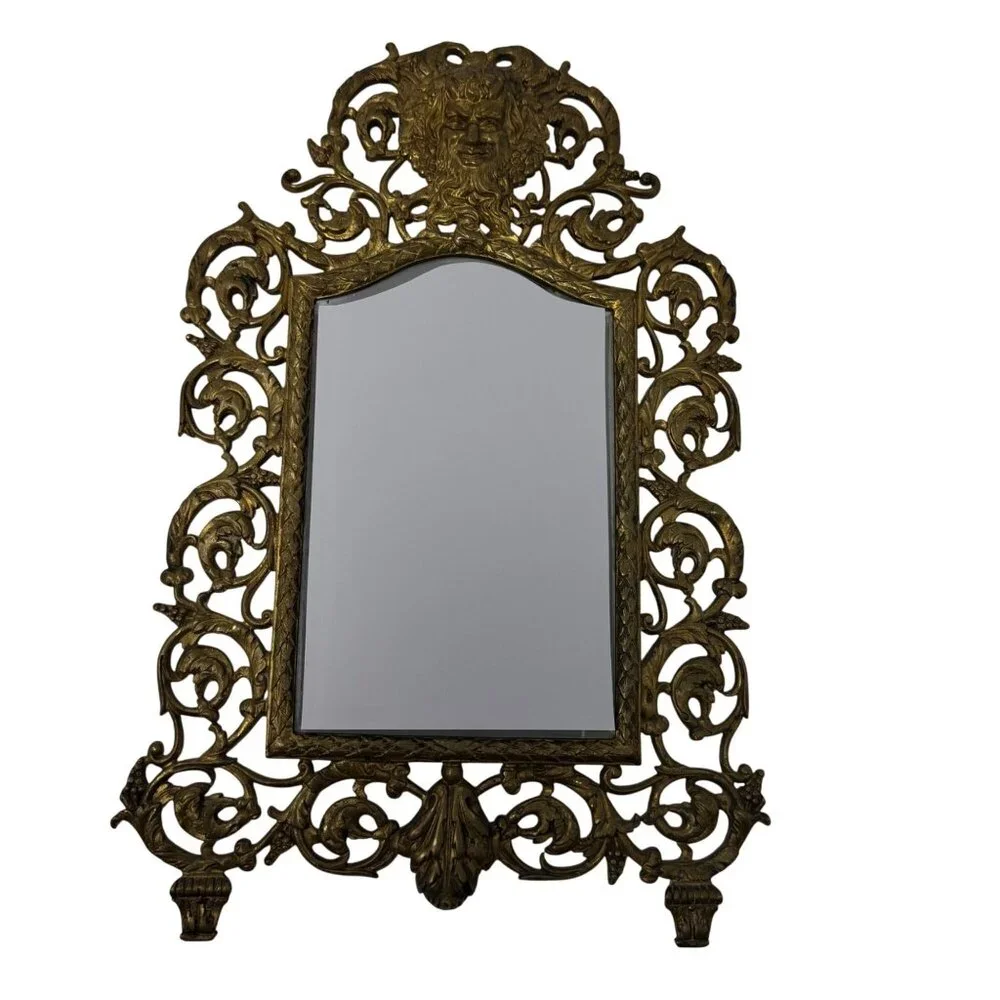 1800s Antique Victorian Bacchus Gilded Brass Wall Mirror Beveled Glass